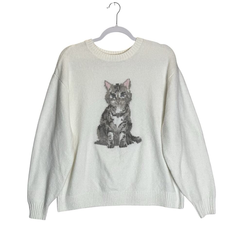 Hollister Womens Cozy Cat Knit Pullover Cream Sweater Soft Comfort Core Medium